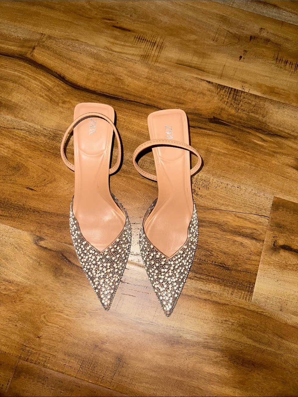 Zara Nude Pink Crystal Pointed Toe Heels